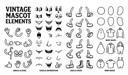 Fototapeta premium Vintage Mascot Character Elements Set with Arms Gloves Faces Expressions Legs Shoes and Body Base Vector Illustration