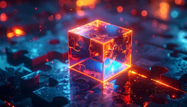 Abstract glowing neon cube resting on dark metallic puzzle pieces representing innovative technology and problem solving in digital space.