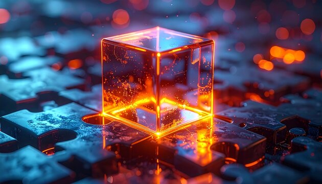 Futuristic glowing glass cube standing on a complex dark puzzle board background representing innovative digital solutions and connectivity.