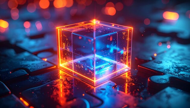 A glowing glass cube resting on dark metallic puzzle pieces with abstract orange and blue light effects creating a futuristic tech background.