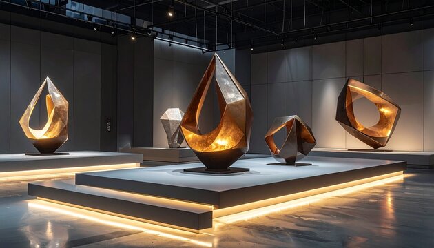 A collection of modern metallic geometric sculptures displayed on illuminated pedestals inside a contemporary art gallery exhibition space.