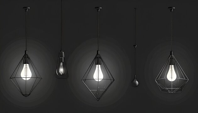 A collection of modern pendant lights with geometric wire frames and glowing light bulbs hanging against a dark grey studio background setting.