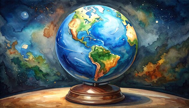 Artistic watercolor painting of a detailed earth globe standing on a wooden pedestal set against a beautiful dark celestial galaxy background.