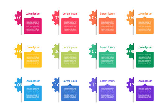 infographic elements template, business concept with 12 steps, rectangle shapes design with multi color label for workflow layout, diagram, annual report, vector