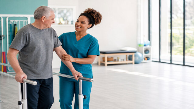 Professional physical therapist helping senior man with walking bars. Elderly patient in rehabilitation clinic. Medical assistant supporting senior male.