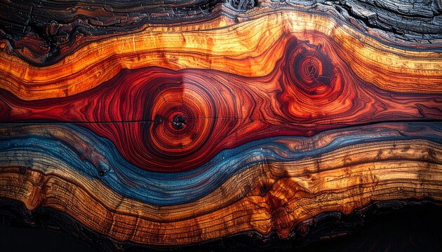 Stunning close up of natural wood grain with vibrant red and blue epoxy resin flowing through the organic curves of the polished timber slab.