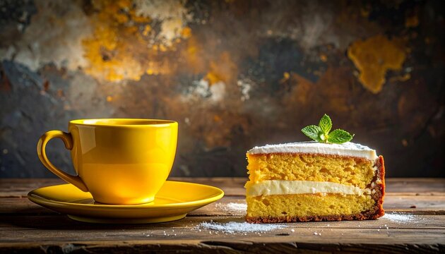 A yellow cup of hot coffee served with a delicious slice of sponge cake with cream frosting on a rustic wooden table in a cozy home setting.