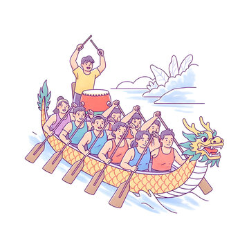 Dragon boat race with team paddling and drummer