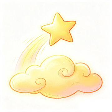 A whimsical illustration of a glowing yellow star shooting upwards from a soft, curly yellow cloud against a white background.