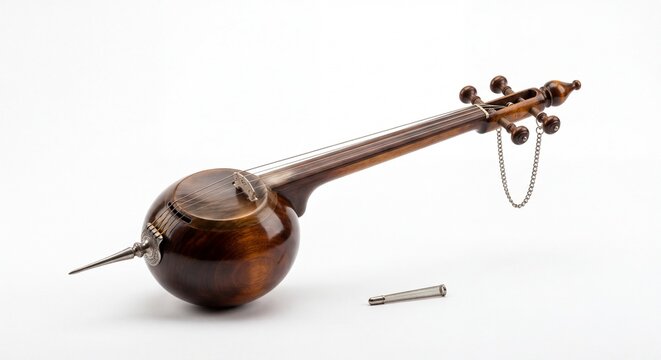 A traditional wooden kamancheh string instrument isolated against a clean white studio background.