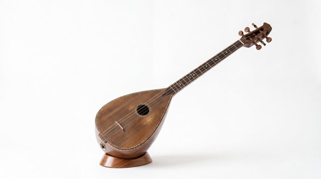 A traditional wooden lute instrument standing upright on a small circular base against white wall.