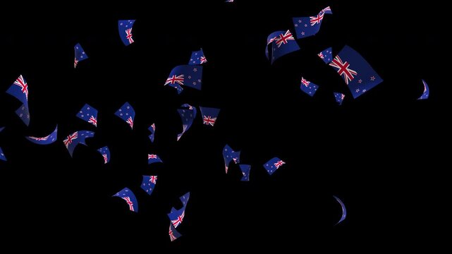New Zealand flag with confetti explosion and falling particles on transparent background