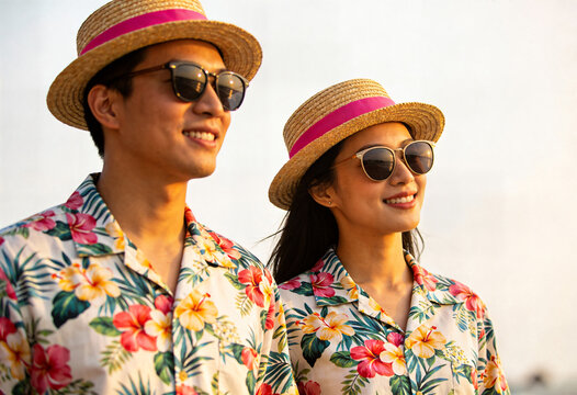 Young Asian couple in matching tropical floral shirts and straw hats enjoying sunset