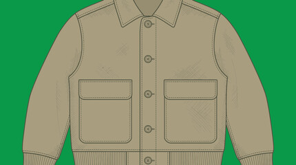 Beige bomber jacket with two chest pockets, collar, and ribbed cuffs, isolated on transparent background. © Rokok