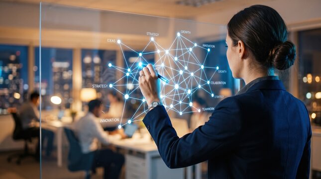 Businesswoman drawing strategy network on transparent glass board, leadership, corporate planning, innovation and growth keywords, team collaboration in, night city view