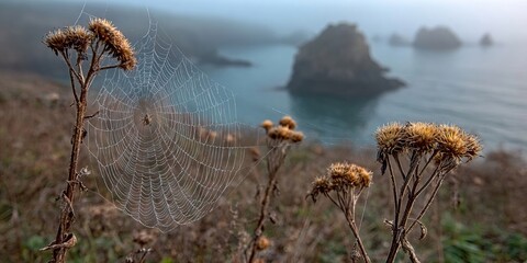 Naklejka premium A spider web between dried wildflowers on a misty cliff above the Brittany coast in Quiberon France