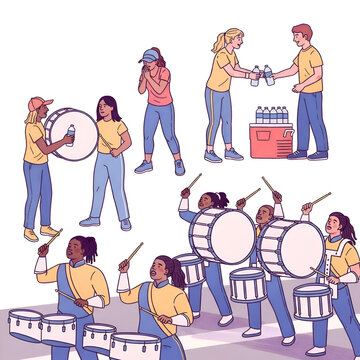 Energetic marching band performance with drummers