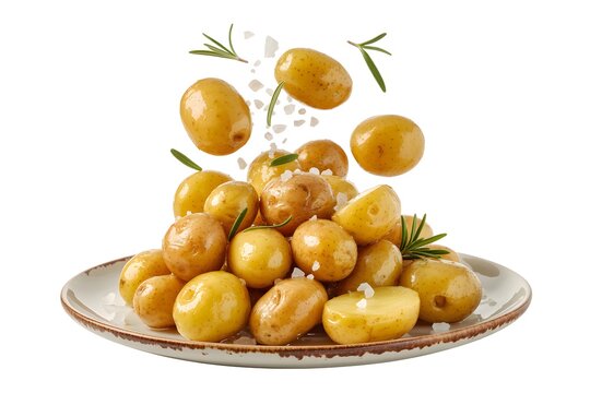 Roasted baby potatoes on a plate with salt flakes and fresh rosemary