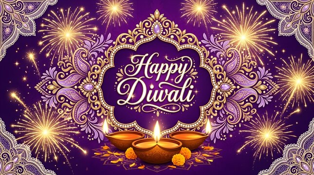 Happy diwali celebration background with fireworks and oil lamps