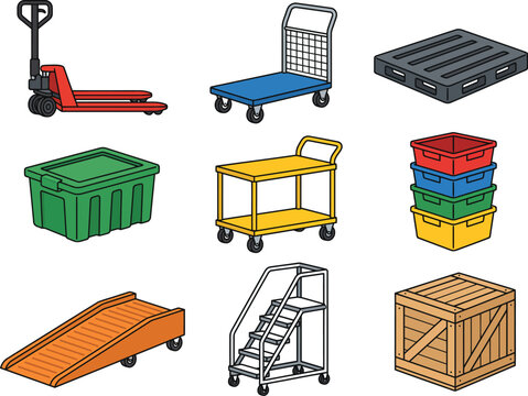 Logistics equipment set including pallet jack dolly crates and ramp vector illustration