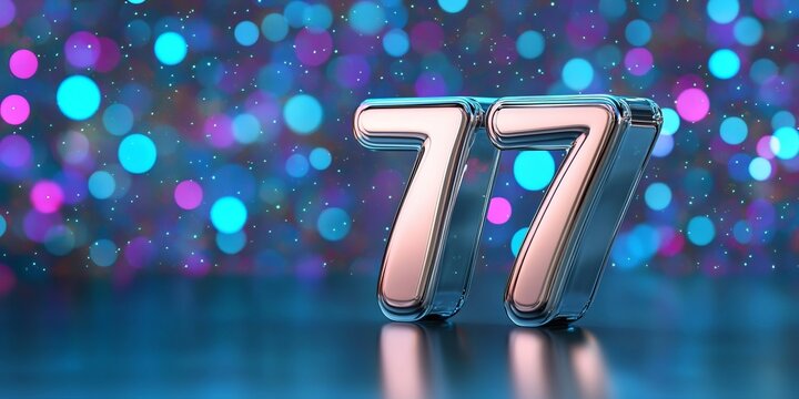 Shiny Metallic Silver Number 77 Celebrating Anniversary on a Bokeh Background with Purple Sparkles