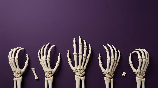 Row of human skeleton hands arranged in a line against a dark purple background for halloween design