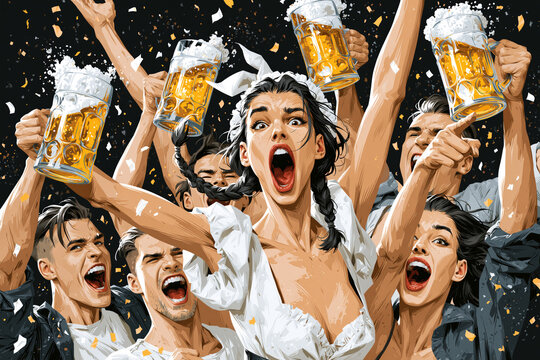 Illustration of cheering crowd raising beer mugs with confetti falling, Oktoberfest concept