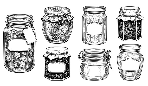 Homemade Fruit Jam Honey Preserve Glass Jars Hand Drawn Vintage Vector Set