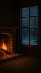 Naklejka premium Cozy winter fireplace scene