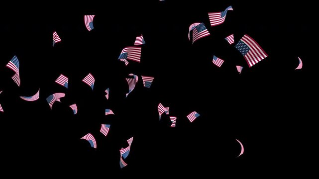 American flag with confetti explosion and falling particles on transparent background