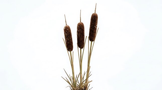 Three brown cattail plants isolated on a plain white background.
