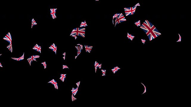 United Kingdom flag with confetti explosion and falling particles on transparent background