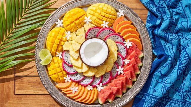 xquisite Thai tropical fruit platter for Songkran festival with mango, pineapple, dragon fruit, papaya, watermelon, coconut elegantly arranged on ornate silver tray with jasmine