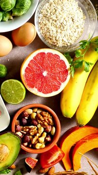 healthy food flatlay with fruits vegetables nuts eggs and oats on wooden table
