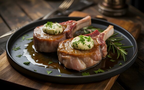 Grilled lamb chops with herb butter on a dark plate over wooden table