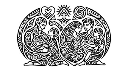 Fototapeta premium Celtic Family Tree Art Isolated Vector: Parents Hugging Children, Love, Unity, Nature Symbols, Transparent Background