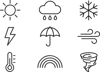 Fototapeta premium Minimalist black weather icon set with sun rain snow lightning umbrella wind and tornado