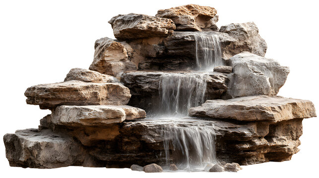 Natural stone waterfall feature with layered sediment