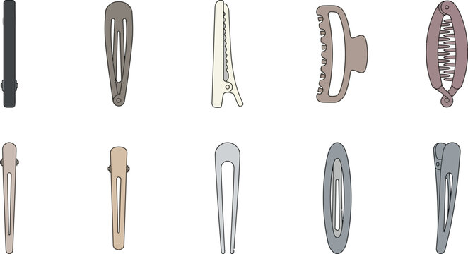 Collection of diverse hair clips in muted tones against a white background vector illustration