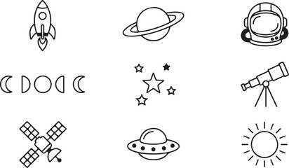 Space outline icon set featuring rocket planet astronaut moon phases telescope satellite ufo sun © Musharof