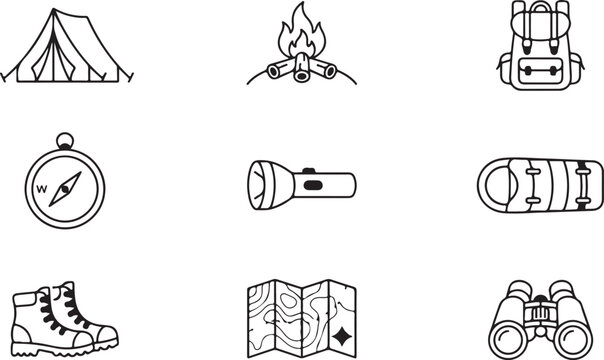Camping and Outdoor Adventure Equipment Vector Icon Set &ndash; Line Art