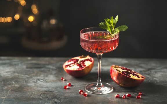 Red pomegranate cocktail in coupe glass with fresh mint and fruit halves