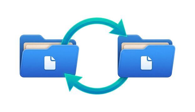Two blue folders with documents inside connected by circular rotating arrows for file synchronization concept.