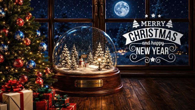 
Cozy Christmas and New Year Celebration with Christmas Tree, Snow Globe, Gifts and Winter Night Scene