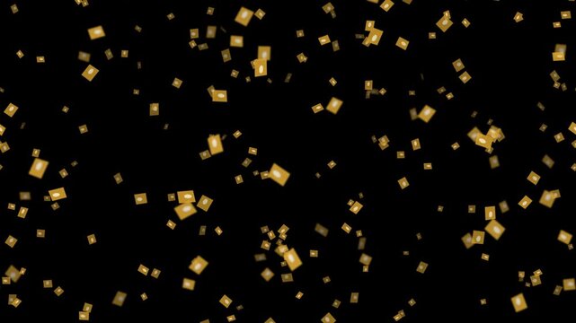 Golden floating squares on black background. 2d animation