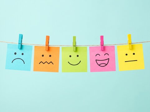 Colorful sticky notes with diverse facial expressions hanging on a string against a turquoise background for emotional wellness.