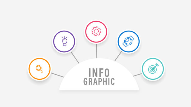 5 steps central semi circle fan process infographic template with colorful circle nodes isolated on white background vector illustration
