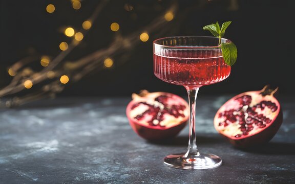 Red pomegranate cocktail in coupe glass with mint and fresh fruit halves