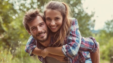 Fototapeta premium Smile, portrait couple and piggyback outdoor for summer holiday, marriage support or anniversary date. Happy, man and woman playful embrace of vacation travel, love together and bonding in nature
