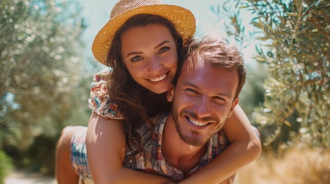 Smile, portrait couple and piggyback outdoor for summer holiday, marriage support or anniversary date. Happy, man and woman playful embrace of vacation travel, love together and bonding in nature